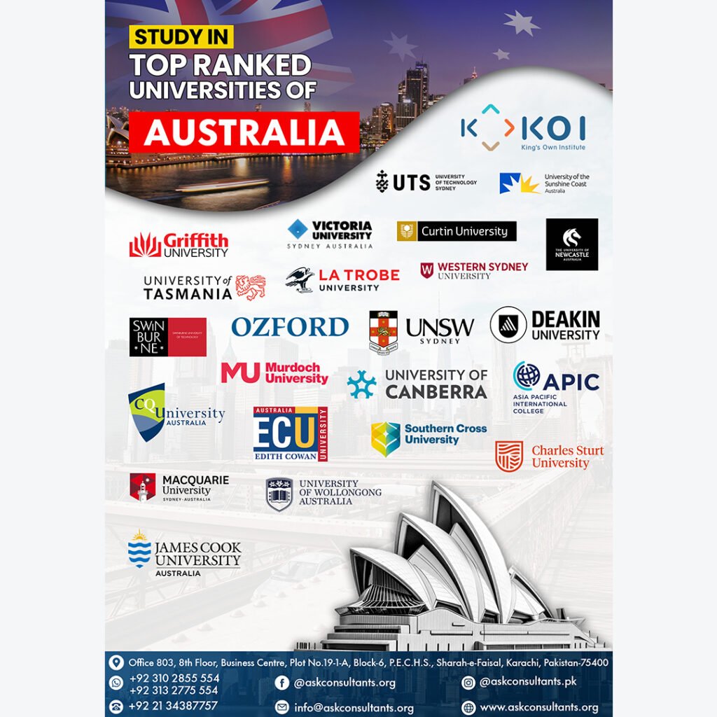 Logos of Kingston University, UWS, Middlesex, Wolverhampton, De Montfort, Swansea, Ulster, and Glasgow Caledonian – top UK universities for international students, guidance by ASK Consultants Karachi.