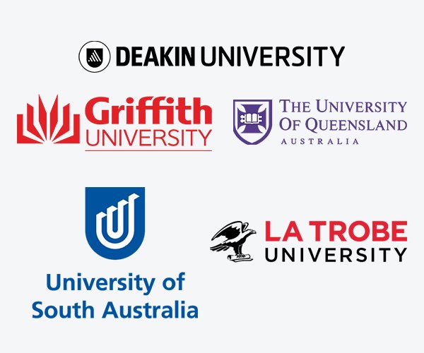 Logos of Deakin University, Griffith University, University of Queensland, University of South Australia, and La Trobe University – study abroad in Australia with ASK Consultants.