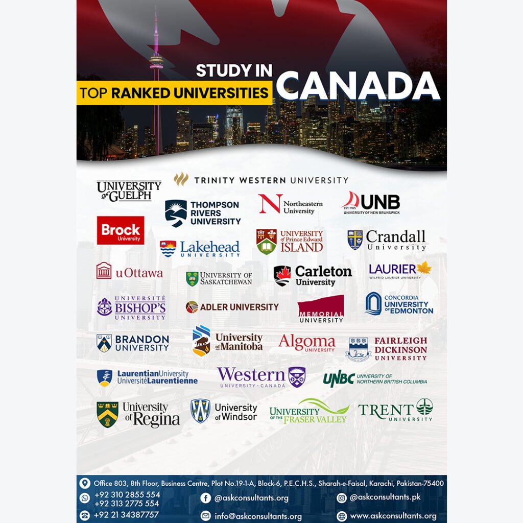 Logos of Canada’s top universities including University of Toronto, Ottawa, Saskatchewan, Manitoba, Western, Windsor, Carleton, Trent – study abroad guidance by ASK Consultants Karachi with contact info.