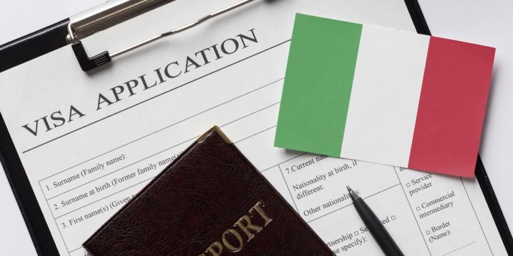 Italian student visa application form on a clipboard with Italian flag, passport, and pen, symbolizing the process of applying for higher education in Italy.