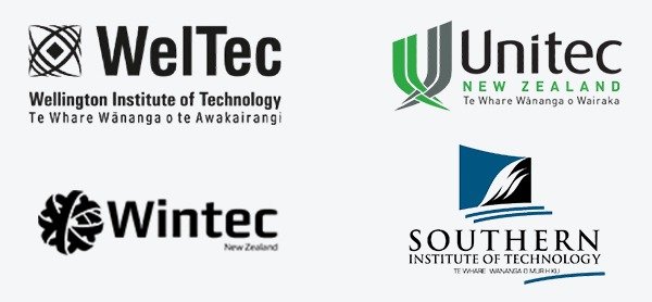 Logos of WelTec, Unitec, Wintec, and Southern Institute of Technology highlighting New Zealand study abroad pathways with ASK Consultants guidance.
