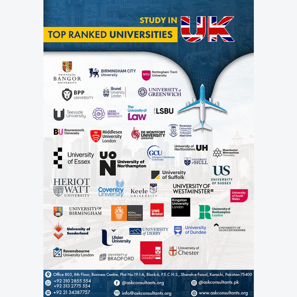 Logos of UK’s top universities including University of Birmingham, Nottingham Trent, Coventry, Middlesex, De Montfort, Essex, Westminster, Sussex, Glasgow Caledonian, Ulster – study abroad guidance by ASK Consultants Karachi with contact info.
