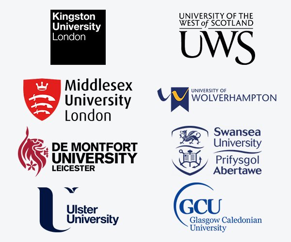 Logos of Kingston University, UWS, Middlesex, Wolverhampton, De Montfort, Swansea, Ulster, and Glasgow Caledonian – study abroad guidance by ASK Consultants Karachi.