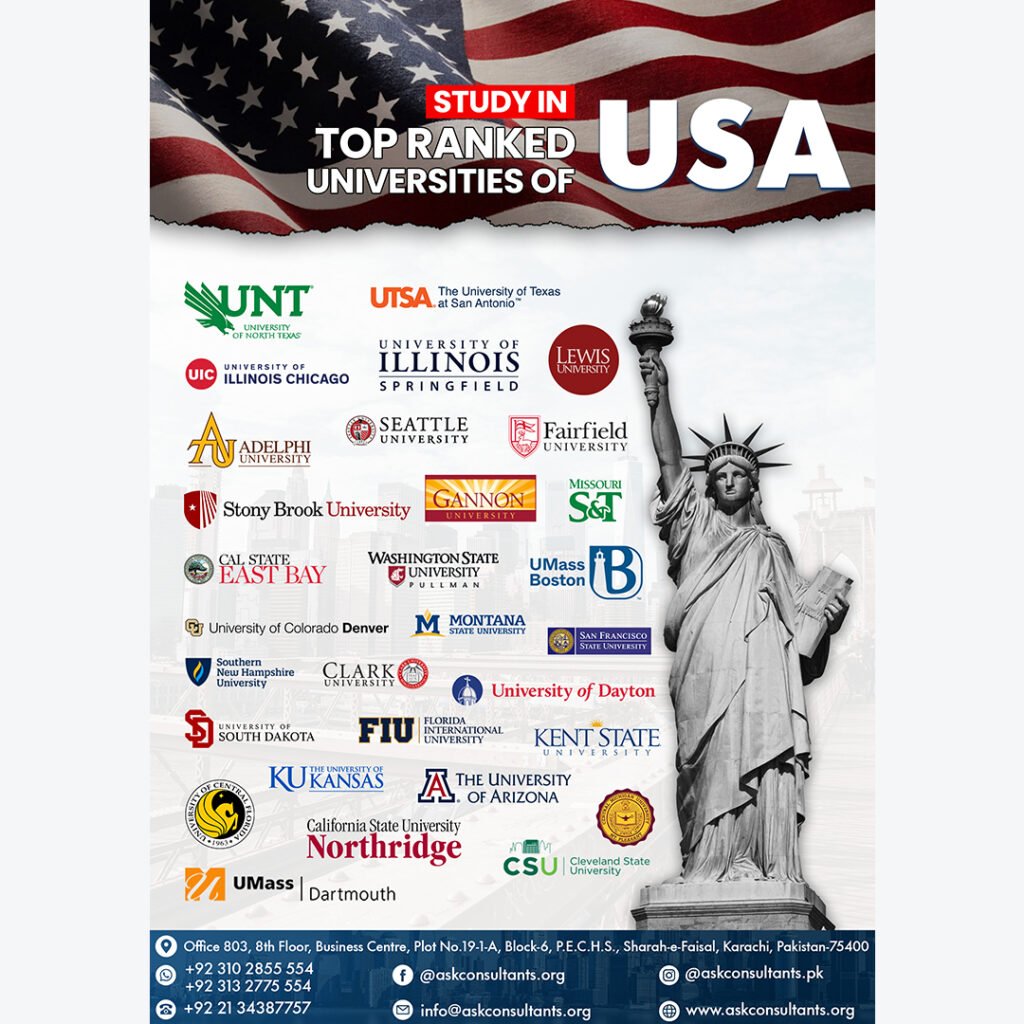 Logos of top US universities including University of North Texas, University of Illinois Chicago, Washington State, University of Massachusetts Boston, University of Arizona, Kent State, Florida International, Cleveland State – study abroad guidance by ASK Consultants Karachi with contact info.