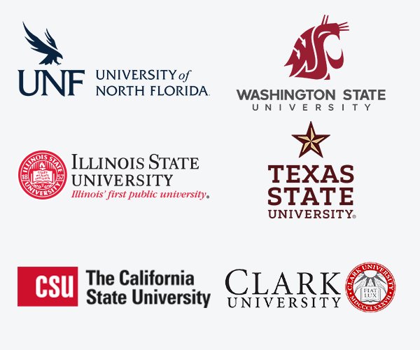 Logos of University of North Florida, Washington State University, Illinois State University, Texas State University, California State University, and Clark University – study in USA with ASK Consultants Karachi guidance.