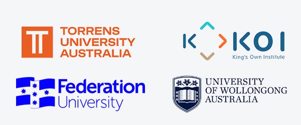 Logos of Torrens University, King’s Own Institute, Federation University, and University of Wollongong – study abroad in Australia with ASK Consultants.