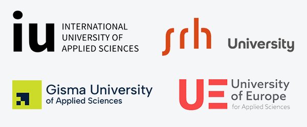 Logos of IU International University, SRH University, Gisma University of Applied Sciences, and UE University of Europe for Applied Sciences in Germany – guidance by ASK Consultants for international students.