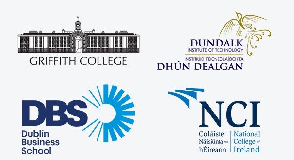 Logos of Griffith College, Dundalk Institute of Technology, Dublin Business School, and National College of Ireland – highlighting international study opportunities with ASK Consultants.
