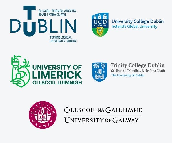Logos of Technological University Dublin, University College Dublin, University of Limerick, Trinity College Dublin, and University of Galway – top universities in Ireland with study abroad guidance from ASK Consultants.
