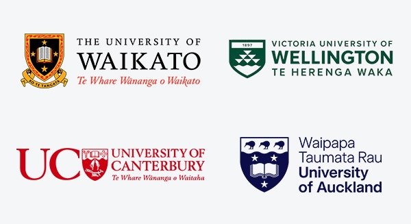 Logos of University of Waikato, Victoria University of Wellington, University of Canterbury, and University of Auckland, highlighting world-class New Zealand universities for study abroad with ASK Consultants.