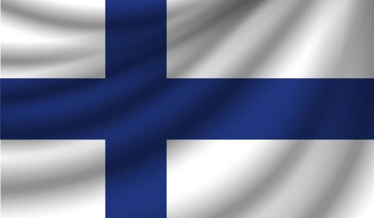 Close-up of the Finland national flag with blue Nordic cross on white background, showing realistic silk folds – perfect for Study Abroad with ASK Consultants.